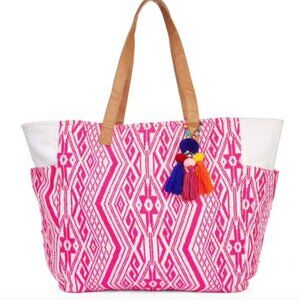 Beach Bag Woven Tote Pink Aztec Coastal Vacation Shoulder Bag Boho Hobo